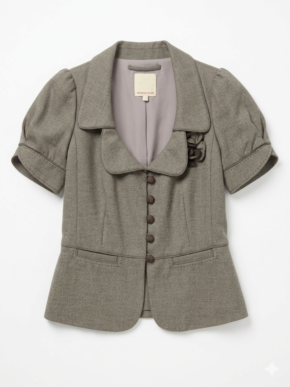 Rebecca Taylor Olive-Grey Short Sleeve Peplum Blazer